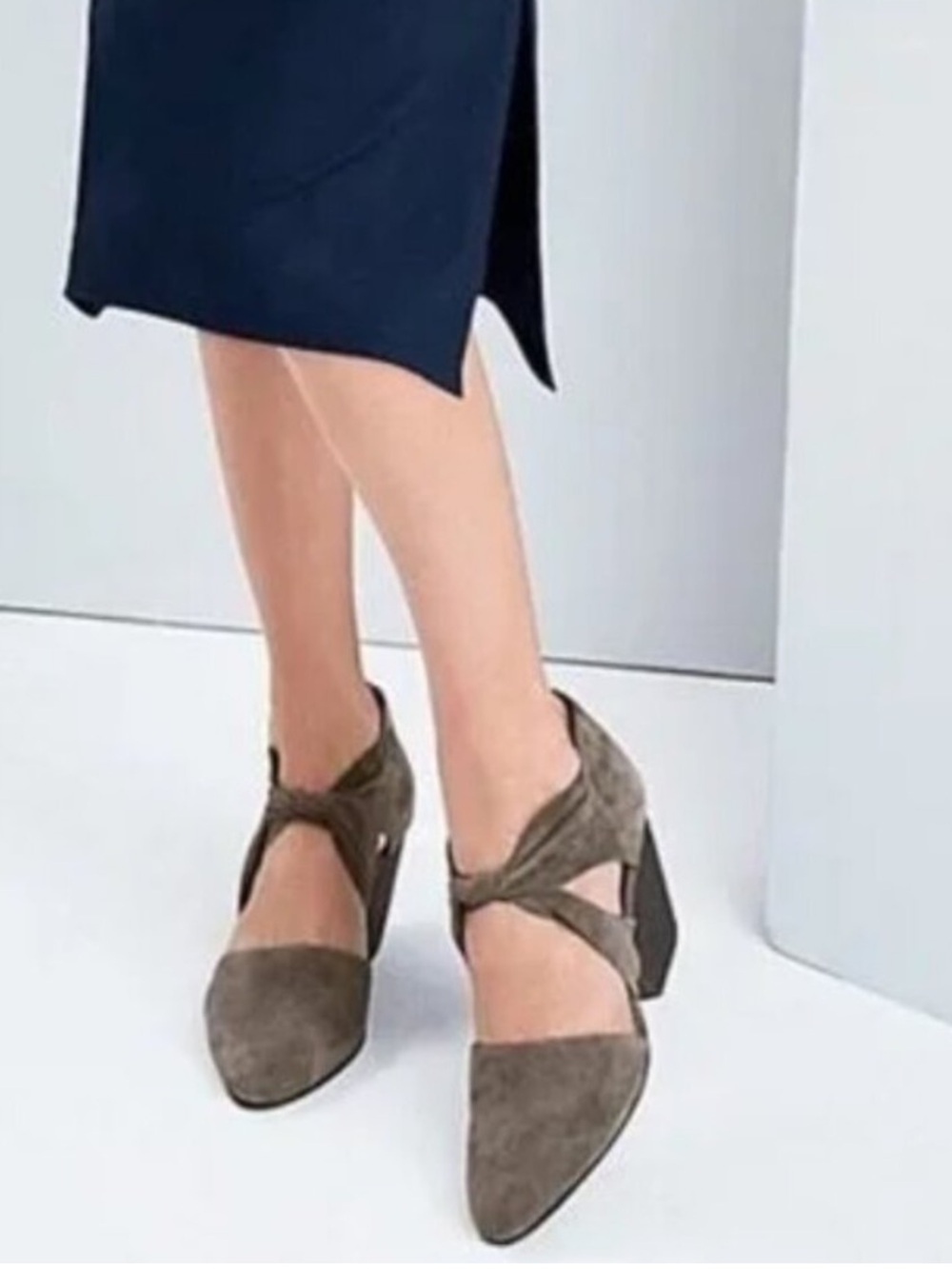 Eileen Fisher Olive Suede Pointed-Toe Crisscross Pumps